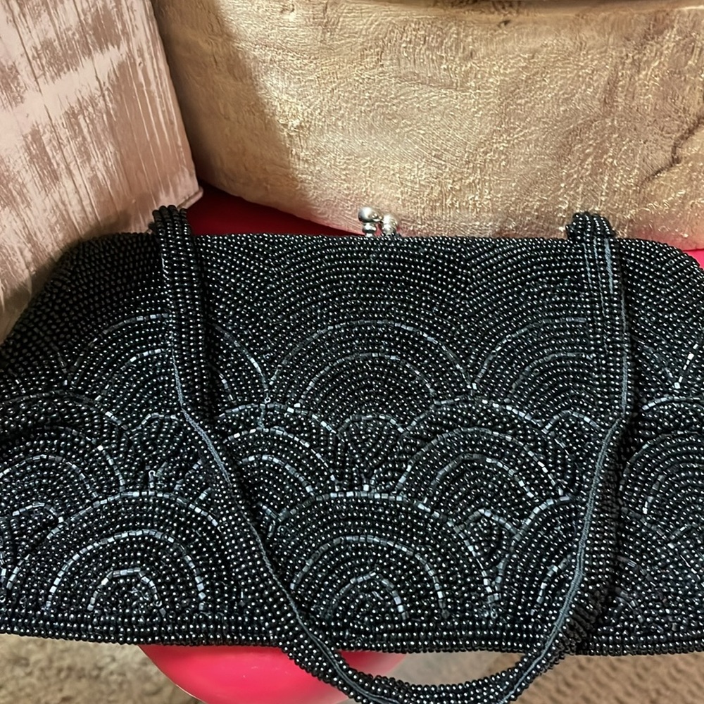Beautiful 1950's Black beaded evening bag with seed beads.